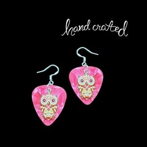 Hand Crafted Earrings Repurposed Guitar Picks Wise is the Owl Silver Plate Wires